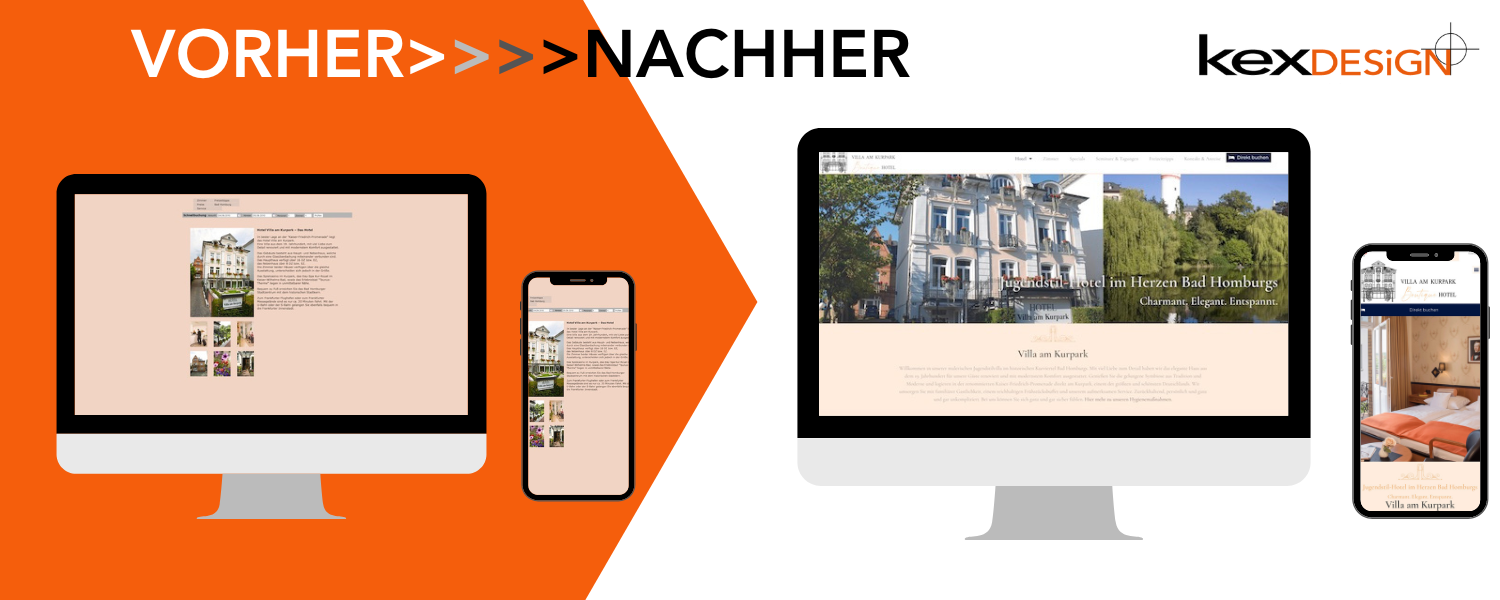 Webdesign: Vorher-Nachher Ansichten / Neue Website Villa Am Kurpark mit integrierter Shopfunktion